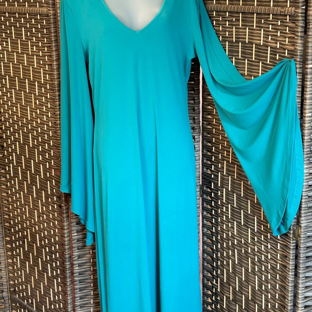 V-Neck Teal Midi Dress with Flared Sleeves